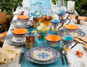 Euro Ceramica Zanzibar Collection 16 Piece Dinnerware Set Kitchen and Dining, Service for 4, Spanish Floral Design, Multicolor, Blue and Yellow - Image 6