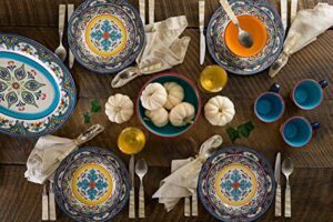 Euro Ceramica Zanzibar Collection 16 Piece Dinnerware Set Kitchen and Dining, Service for 4, Spanish Floral Design, Multicolor, Blue and Yellow - Image 9