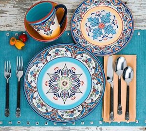 Euro Ceramica Zanzibar Collection 16 Piece Dinnerware Set Kitchen and Dining, Service for 4, Spanish Floral Design, Multicolor, Blue and Yellow - Image 8