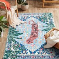 Washable Blue Rugs Thin Oriental Boho Vintage Tropical Jungle 8x10 Area Rugs for Bedroom Kitchen Dining Living Room Office Distressed Indoor Large Carpet