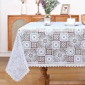 Likiyol White Vinyl Tablecloth, Rectangular Lace Tablecloth, Heavy Duty Vinyl Table Cloth, Stain-Resistant Wipeable Table Protector for Kitchen and Dining Room, 55 x 120 Inch