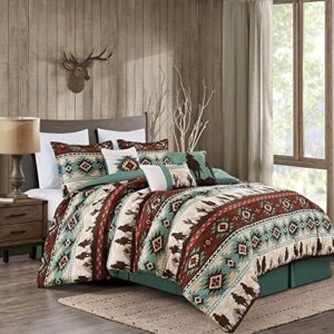 Chezmoi Collection Dune 7-Piece Southwestern Cowboys Aztec Comforter Set - Multicolor Teal Brown Beige Tan Red Printed Washed Microfiber Bedding, Queen