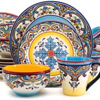 Euro Ceramica Zanzibar Collection 16 Piece Dinnerware Set Kitchen and Dining, Service for 4, Spanish Floral Design, Multicolor, Blue and Yellow