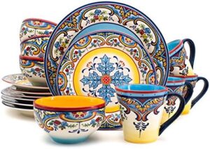 Euro Ceramica Zanzibar Collection 16 Piece Dinnerware Set Kitchen and Dining, Service for 4, Spanish Floral Design, Multicolor, Blue and Yellow