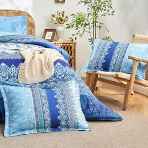 Boho Queen Comforter Set Blue - 7 Pieces Bed in a Bag Floral Striped Comforter and Sheet Set, Soft Microfiber Bohemian Bedding Sets Queen Size for All Season (Blue,Queen) - Image 9