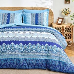 Boho Queen Comforter Set Blue - 7 Pieces Bed in a Bag Floral Striped Comforter and Sheet Set, Soft Microfiber Bohemian Bedding Sets Queen Size for All Season (Blue,Queen)