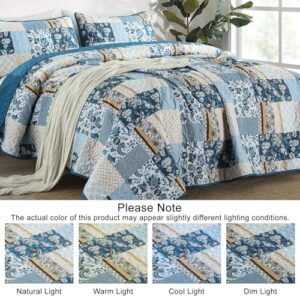 WONGS BEDDING Quilt Set King Size Blue, 3 Pieces Patchwork Plaid Bedspread Coverlet Set, Floral Soft Lightweight Microfiber Bedding Set for All Season(104"×90“) - Image 5