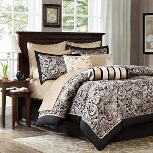Madison Park Aubrey Cozy Comforter Set, Faux Silk Jacquard Paisley Design - All Season Down Alternative Bedding with Cotton Bed Sheets, Bed Skirt & Toss Pillows, Queen Black 12 Piece - Image 3