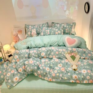 Sage Green Duvet Cover,Botanical Daisy Floral Duvet Cover Set,3 Pcs Kids Comforter Cover Set,Garden Flower Bedding Set,Soft Reversible for Girls Women Boys(Flowers,Twin)