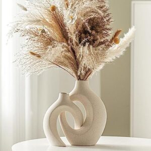 Off White Hollow Ceramic Vase Set of 2, Round Modern Vase for Nordic Minimalist Book Style Shelf Decor, Donut Boho Aesthetic Vases for Trendy Home Living Room Entryway Coffee Table Decorative - Image 4