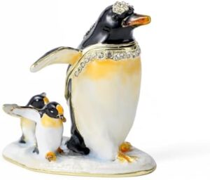 Hand Painted Trinket Box Enamel Vintage Jewelry Box Penguin Family Hinged Metal Jewelry Organizer Decorative Treasure Box Unique Gifts Family Souvenirs