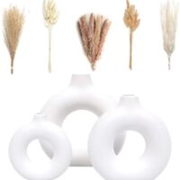 VELOVA Set of 3 White Ceramic Vase with 65 PCS Dried Pampas Grass Flowers Aesthetic Boho Modern Small Round Cute Vases for Decor Living Room Coffee Table Shelf Bedroom Office Desk Home Gifts Women Mom