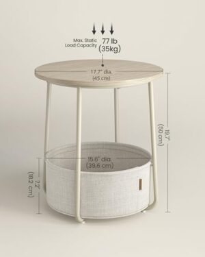 VASAGLE End Table, Small Bedside Table with Fabric Basket, Modern Nightstand, Round Side Table, for Living Room, Bedroom, Cream White ULET223K67 - Image 3