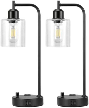 Industrial Table Lamps for Bedrooms Set of 2 - Fully Dimmable Bedside Lamps with USB A and C Ports and Outlet, Black Nightstand Lamps with Glass Shade for Living Room, Desk Lamps for Office Reading - Image 8