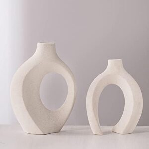 Off White Hollow Ceramic Vase Set of 2, Round Modern Vase for Nordic Minimalist Book Style Shelf Decor, Donut Boho Aesthetic Vases for Trendy Home Living Room Entryway Coffee Table Decorative - Image 7