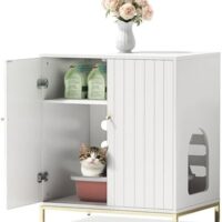 Stylish Cat Litter Box Enclosure, Modern Hidden Litter Box Furniture with Tall Legs, Side Entrance, and Dual Use as End Table for Living Room or Bedroom (White & Gold)