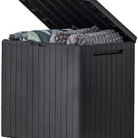 Keter City 30 Gallon Resin Outdoor Storage Box and Patio Storage Box Side Table for Pool and Garden Accessories, Dark Grey