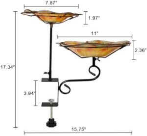 2-in-1 Deck Mounted Bird Bath for Outside Glass Birdbath Bowl & Birdfeeder with Adjustable Sturdy Metal Clamp for Railing Balcony 11" Dia, Sunflower - Image 3