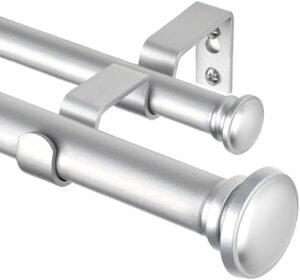 TONIAL 1 Inch Double Curtain Rods 66 to 120 Inches (5.5 to 10ft), Heavy Duty Decorative Drapery Rod Telescoping Splicing Dual Rod with Small Cap Finial, Silver