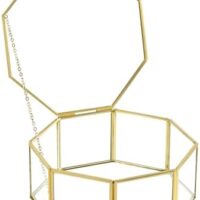 Glass Vintage Jewelry Box, Octagon Gold Display Organizer, Vanity Lidded Home Decor Accent for Storage Trinket Rings Bracelet - Big