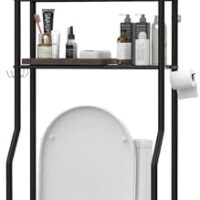 3-Tier Over The Toilet Storage, Freestanding Metal Bathroom Shelves with 4 Hooks, Over Toilet Storage Shelf with Paper Holder, Above The Toilet Shelf for Bathroom Storage, Black