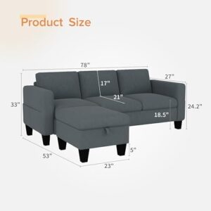ZeeFu Convertible Sectional Sofa Couch,Classic 3 Seat L-Shaped Sofa with Movable Ottoman, Modern Dark Grey Velvet Fabric Upholstered Small Sectional Sofa Couch for Small Apartment Living Room Office - Image 2