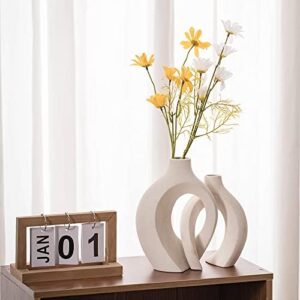 Off White Hollow Ceramic Vase Set of 2, Round Modern Vase for Nordic Minimalist Book Style Shelf Decor, Donut Boho Aesthetic Vases for Trendy Home Living Room Entryway Coffee Table Decorative - Image 2