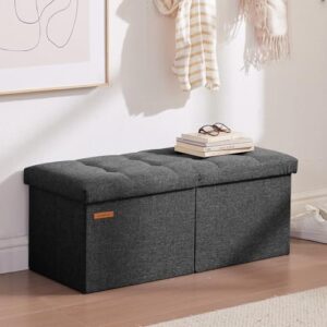 HAUSFRAU 31.5 Inches Ottoman with Storage Bench, Folding Ottoman Bench Small Foot Rest Stool, Bedroom Bench with Flipping Lid, Linen Dark Gray - Image 6