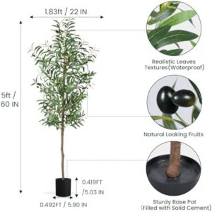Artificial Olive Tree 5FT Tall Faux Silk Plant 60inch Fake Olive Tree with Trunk and Lifelike Fruits for Home Office Decor Indoor 1pack - Image 3