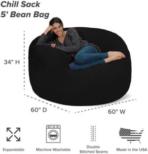 Chill Sack Bean Bag Chair - 5' Giant Memory Foam Lounge Chair with Soft Microfiber Cover – Cozy Furniture for Living Room, Dorm, & Kids' Rooms – Comfortable 5 Ft, Microsuede Lounge Sofa, Black - Image 3