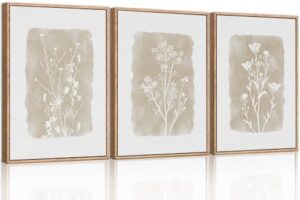 CHDITB Botanical Farmhouse Wall Art Set, Framed Boho Plant Wall Decor, Neutral Minimalist Floral Wall Painting, Rustic Wildflower Canvas Art Prints for Living Room, Bedroom, Bathroom - Large 16"x24"x3