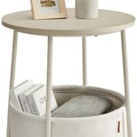 VASAGLE End Table, Small Bedside Table with Fabric Basket, Modern Nightstand, Round Side Table, for Living Room, Bedroom, Cream White ULET223K67