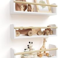 Decorative Nursery Bookshelves for Kids - Set of 3 Easy to Install Floating Shelves for Wall Mount - Beautiful Hanging Organizer Furniture for Your Baby Boy or Girl's Bedroom and Play Room Decor