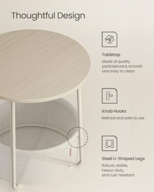 VASAGLE End Table, Small Bedside Table with Fabric Basket, Modern Nightstand, Round Side Table, for Living Room, Bedroom, Cream White ULET223K67 - Image 7