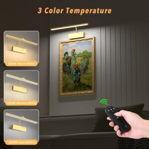 Picture Light with Remote, 15.35inch Wireless Rechargeable Battery Wall Light for Paintings, 3 Colors Paintings Light Dimmable and Timer Metal Art Light for Display, Wall, Artwork, Gallery (Gold) - Image 3
