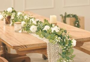 Anna's Whimsy 2PCS 5.91FT Artificial Eucalyptus Garland with Flowers, Fake Rose Gypsophila Garland, Faux Floral Garland Greenery Garland for Wedding Spring Home Party Table Runner Decor(White) - Image 5