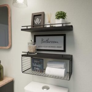 WOPITUES Floating Shelves for Bathroom Wall Decor Sign, Bathroom Organizers and Storage, Bathroom Shelves Over Toilet with Metal Guardrail-Black - Image 2
