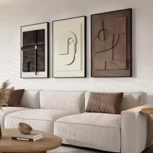 Cuspin Modern Abstract 3D Textured Wall Art, 3-Piece Neutral Artwork, Geometric Brown White Textured Sandstone Painting Prints, 16x24 Inch, Living Room, Bedroom, Home Office Decor