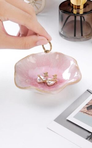 Lotus Leaf Shape Decorative Ring Tray, Small Key Bowl, Ceramic Trinket Tray Jewelry Dish Organizing Necklace Earrings, Home Decoration for Mom Best Friend Sister, Pink. - Image 3