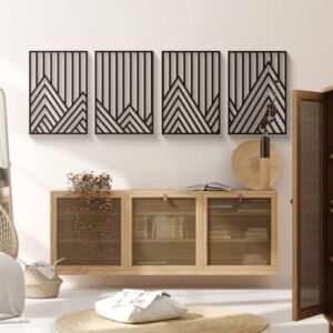 Glamativity 4 Pcs Black Abstract Mountain Line Metal Wall Art, 17 x 12'' Minimalist Décor Single Line Art Wall Décor, 3D Textured Sculptures, Decorative Forest Nature Abstract Line Minimalist Wall Décor Hanging for Living Room Bedroom Bathroom Study(Black, M Size 17 x 12'') - Image 2