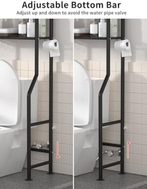 3-Tier Over The Toilet Storage, Freestanding Metal Bathroom Shelves with 4 Hooks, Over Toilet Storage Shelf with Paper Holder, Above The Toilet Shelf for Bathroom Storage, Black - Image 4