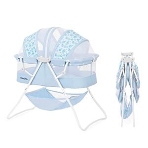 Dream On Me Karley Bassinet in Light Blue, Lightweight Portable Baby Bassinet, Quick Fold and Easy to Carry, Adjustable Double Canopy, Indoor and Outdoor Bassinet with Large Storage Basket.