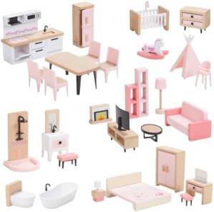 Giant bean 32pcs Wooden Dollhouse Furniture Set 5 Rooms, Wood & Plastic Pink Dollhouse Accessories Pretend Play Furniture Toy Christmas Birthday Gift Toy for Kids Boys Girls Toddler 3+ - Image 9