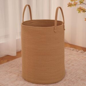 Large Woven Laundry Basket Hamper,60L Cotton Rope Storage Bin for Blankets,Toys and Clothes,Decorative Tall Nursery Hamper for Living Room,Baby Nursery,Bathroom and Bedroom,Golden Jute