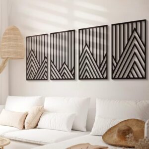 Glamativity 4 Pcs Black Abstract Mountain Line Metal Wall Art, 17 x 12'' Minimalist Décor Single Line Art Wall Décor, 3D Textured Sculptures, Decorative Forest Nature Abstract Line Minimalist Wall Décor Hanging for Living Room Bedroom Bathroom Study(Black, M Size 17 x 12'') - Image 3