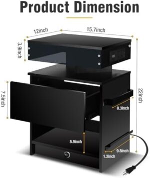 Nightstand Set 2,Nightstand with Charging Station,Induction Light and LED Light,Bedside Table with Drawers,Modern Nightstand End Side Table for Bedroom,Nightstands with Bookshelf,Black - Image 2