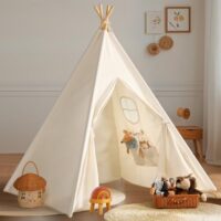 Sumbababy Teepee Tent for Kids Indoor - Natural Canvas Kids Play Tent - Washable Tipi Sleepover Tents with Lights & Carry Bag, Outdoor Toddler Tents for Girls & Boys - Foldable Playroom Gift Toys