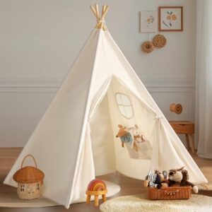 Sumbababy Teepee Tent for Kids Indoor - Natural Canvas Kids Play Tent - Washable Tipi Sleepover Tents with Lights & Carry Bag, Outdoor Toddler Tents for Girls & Boys - Foldable Playroom Gift Toys