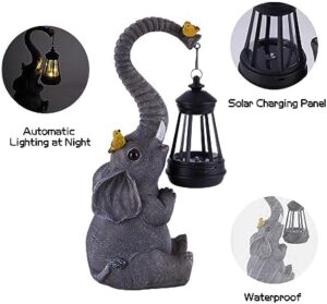 Solar Outdoor Garden Statues Lights, Mom Gifts Birthday Gifts for Women, Lucky Elephant Unique Housewarming Gifts and Yard Decoration, Elephant Figurines with Cute Birds Garden Sculpture Decor - Image 3