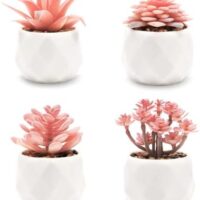 VIVERIE Mini Succulents Plants Artificial in Pots-Rose Pink, Christmas Small Fake Succulents Plants for Home Halloween Decor Indoor for Women, White Ceramic, Set of 4, Gifts for Mom